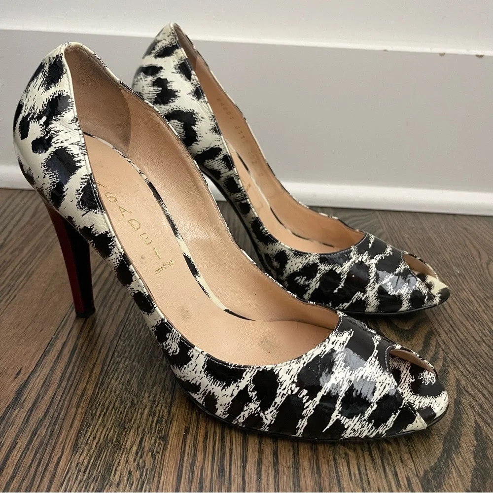 Casadei patent leather peep toe animal print stiletto heels made in Italy s10